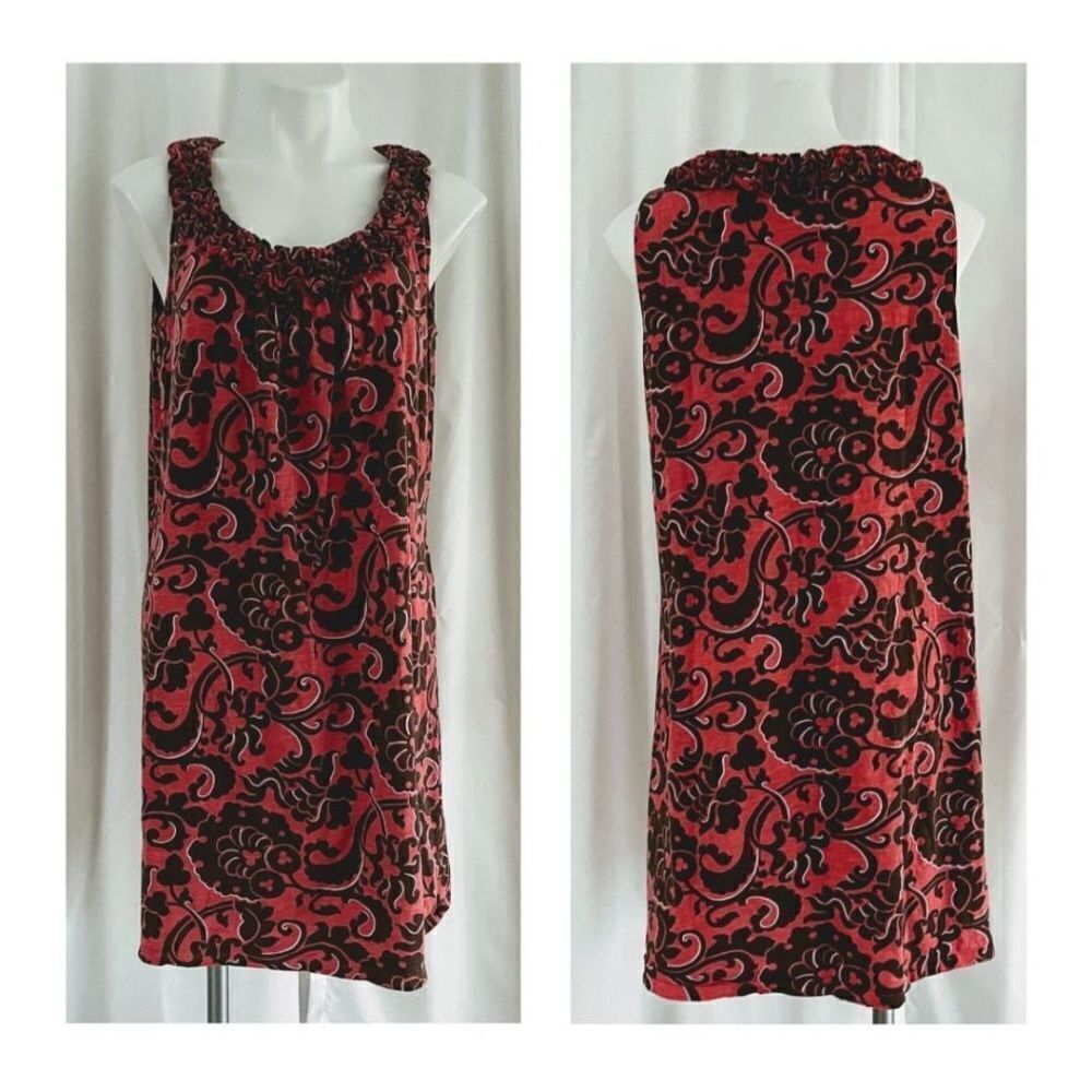 Boden ▪ Pink & Brown Baroque Swirl Ruffle Neck Beach Shift Dress sz 6R